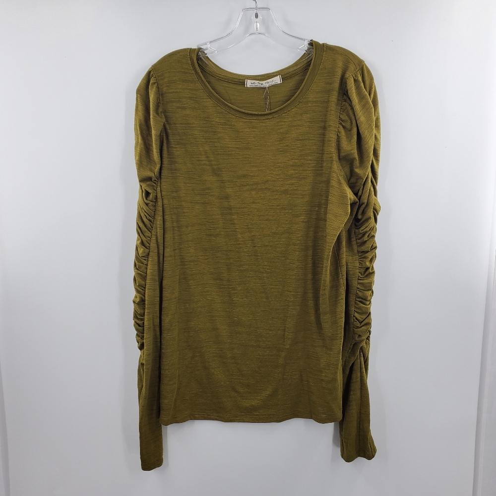 Free People Olive Green Long Sleeve Ruched-Sleeve Tee